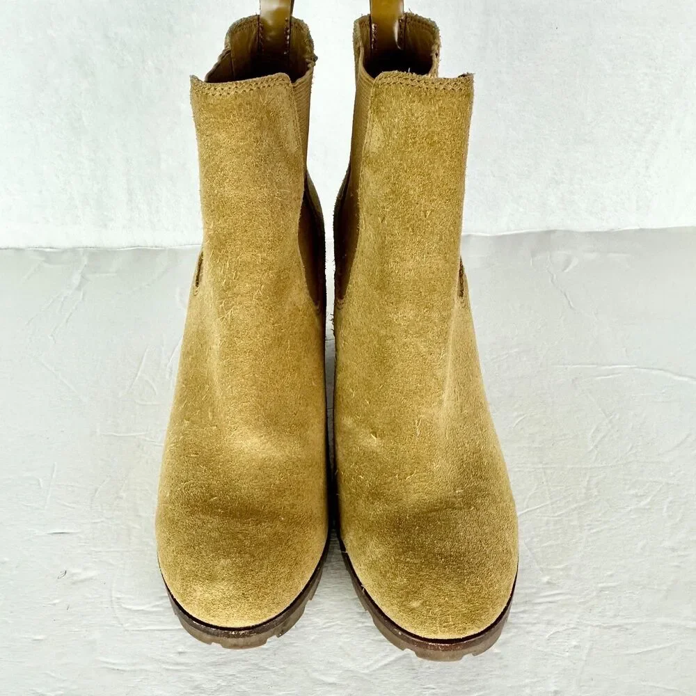 Tory Burch Stafford Suede Ankle Boots Size 8 Tan Beige Pull On Wood Block Heel